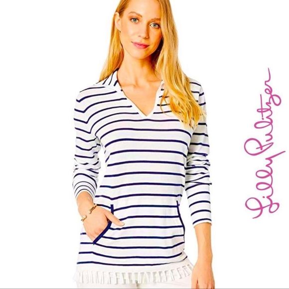 Lilly Pulitzer White/Navy Striped Crestwood V-Neck Pullover Sweater w/Coolmax XS - Picture 3 of 16